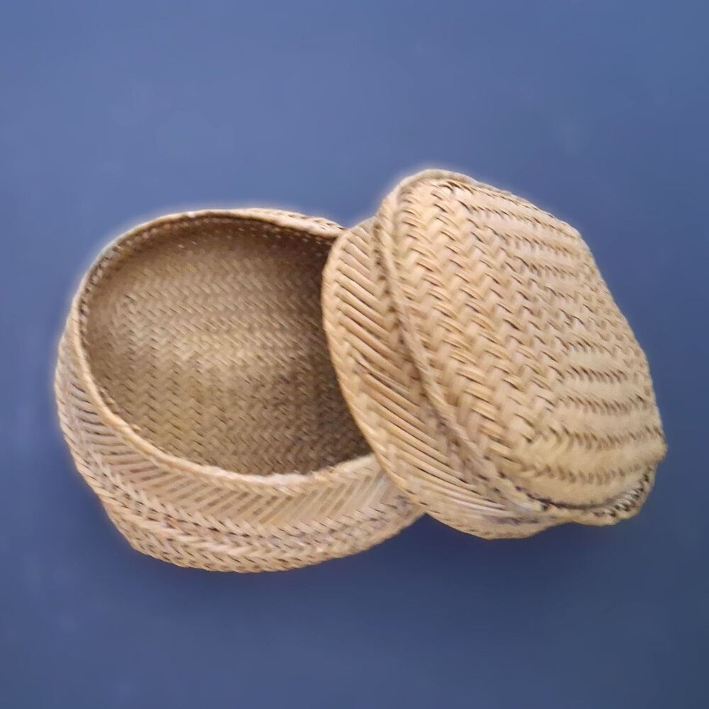 VTG Tarahumara Indian Chihuahua Mexico Pine Needle Woven Trinket Basket w Lid
